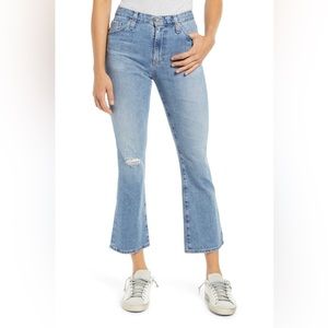 NWT AG Denim Jodi Crop Highrise Slim Flare Jeans Medium Blue Distressed Size 32